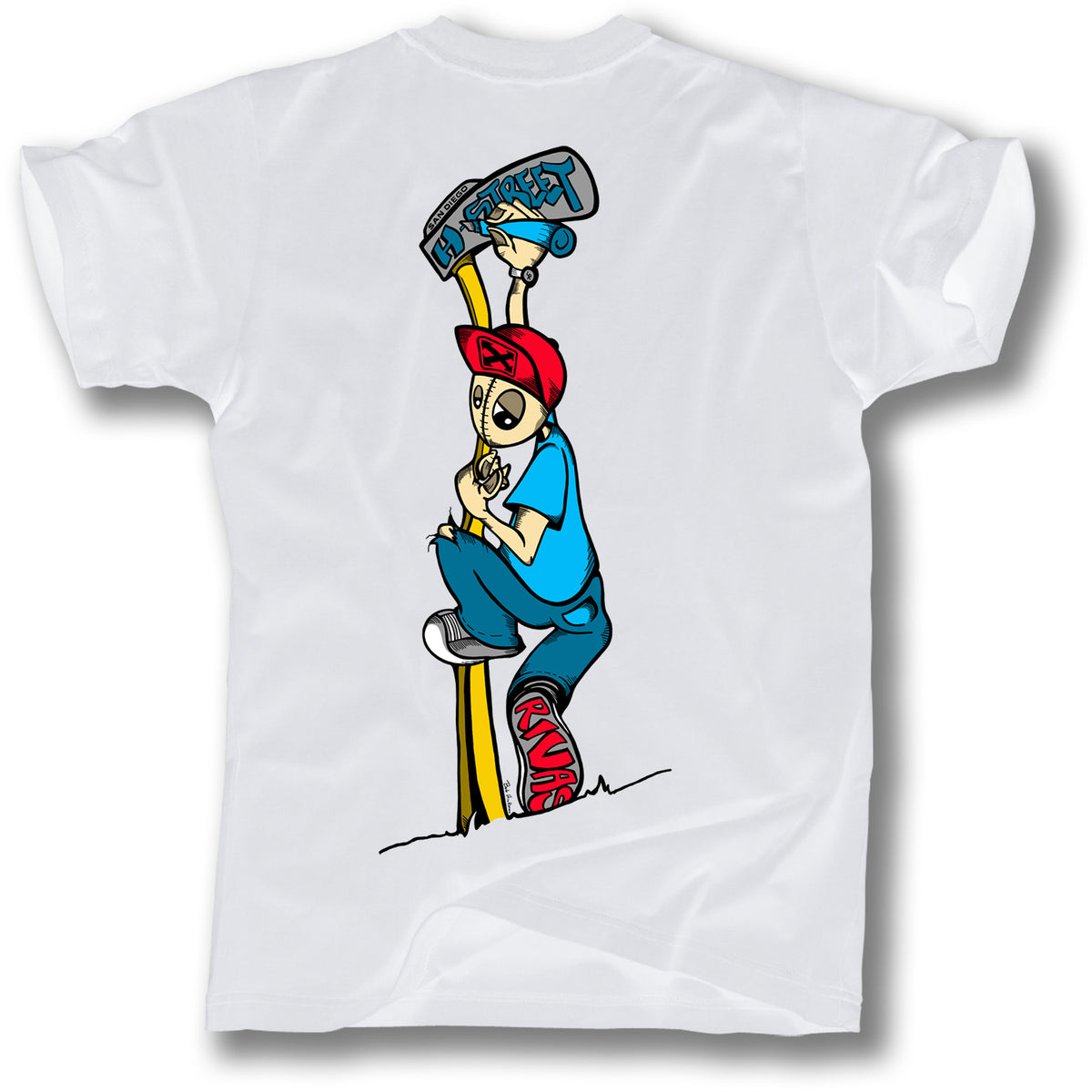 The Minuteman LENNY RIVAS SWINGER T-SHIRT features a cartoon character in a red hat and blue clothes climbing a yellow pole, holding a “STREET” shoe, with a red "GRIND" skateboard and custom griptape detailing.