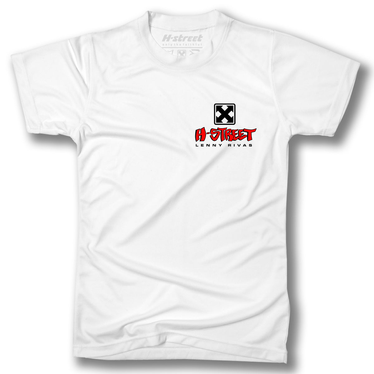 The Minuteman LENNY RIVAS SWINGER T-SHIRT is a white tee featuring a small black and white MX Flag above red and black "H-Street" text with "Lenny Rivas" below, all on the left chest.