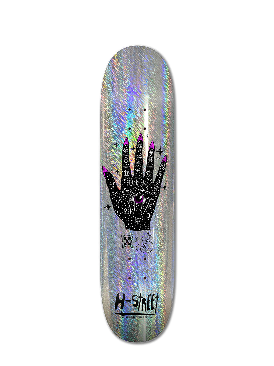 The LOTUS PALM OF DESTINY by Perfect Skateboarding features Lotus Burnquist's art: a black hand with cosmic symbols, pink nails, and an eye in the palm, plus "H-Street Alpha Girls" text and stars encircling the design.
