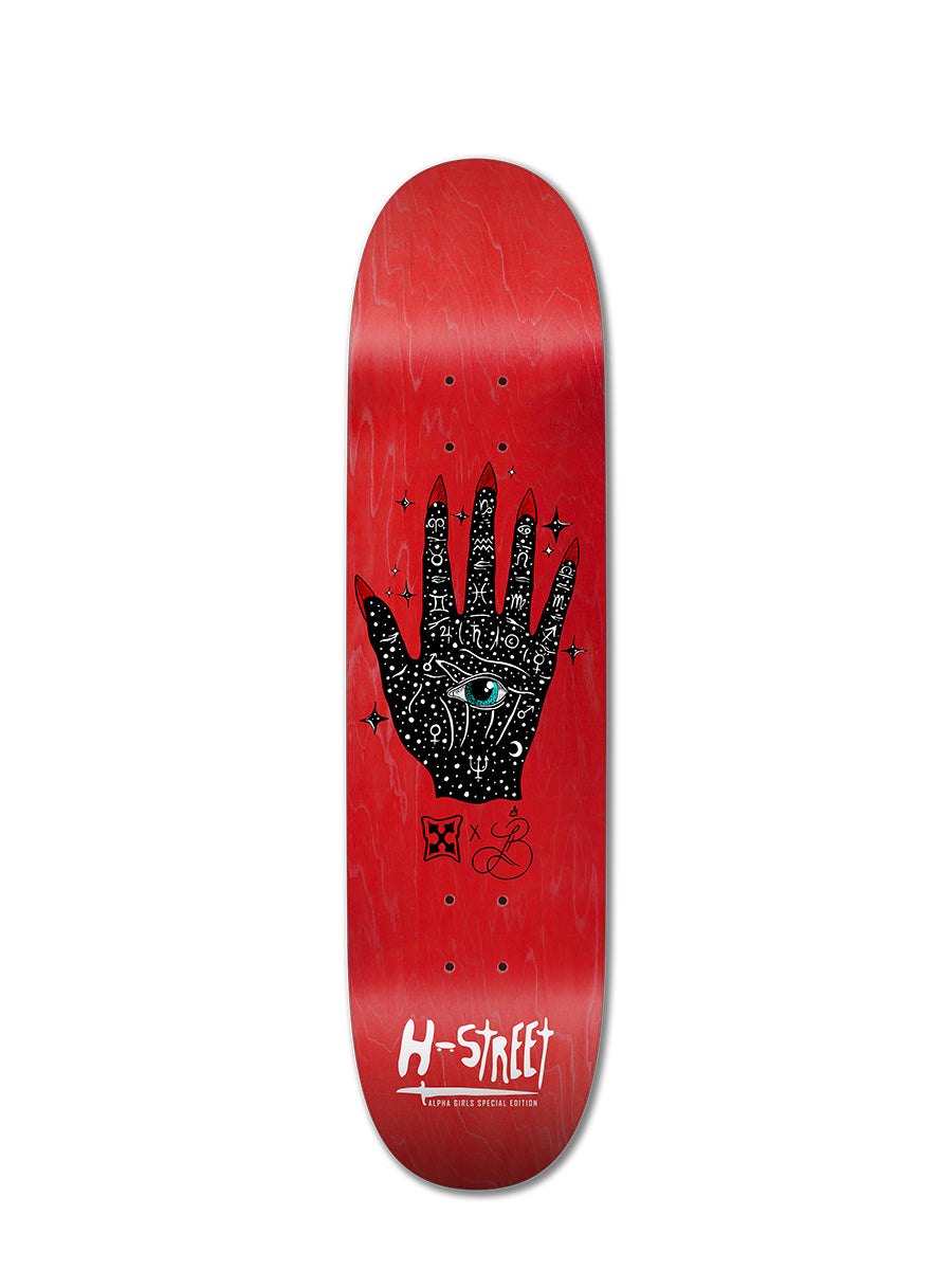 The LOTUS PALM OF DESTINY by Perfect Skateboarding is a red deck featuring a black illustrated hand with patterns, an eye at the center, and stars. The bottom shows the white “H-Street” logo with a signature-style scribble above it.