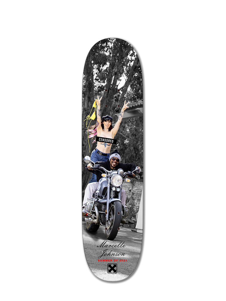 The Starnet MARCELLE JOHNSON LIBERTY skateboard deck features sublimated slick bottom graphics of two people riding a motorcycle—one flashing peace signs, the other smiling—with “Marcelle Johnson Summer 2023” text at the bottom.