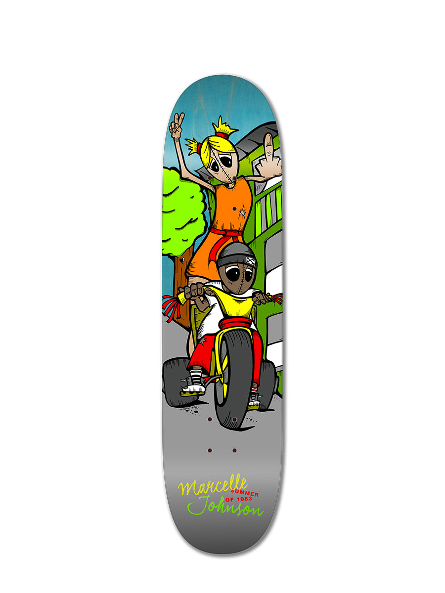 The Starnet MARCELLE JOHNSON BIG WHEEL skateboard deck showcases two cartoon characters on a tricycle amid trees and a building, with sublimated slick bottom graphics and Marcelle Johnson’s name below.