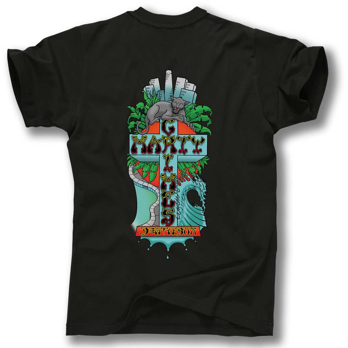 The Minuteman MARTY GRIMES PANTHER T-SHIRT is a black tee featuring a colorful DogTown-inspired back graphic with a stone cross, city skyline, trees, bear, river slide, wave, and stylized EARTHLISS and DEATHSLUM text.