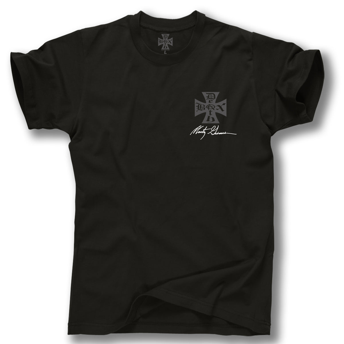 The Minuteman MARTY GRIMES PANTHER T-SHIRT is a black tee with a small iron cross and "Born 4 Hard" on the left chest, a white autograph-style signature below, referencing Z-Flex style, shown laid flat on a white background.