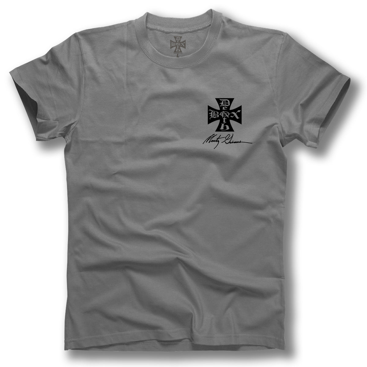The Minuteman MARTY GRIMES PANTHER T-SHIRT is a gray tee featuring a black Iron Cross with “Beer” on the left chest, a signature-like graphic below, and a smaller Iron Cross near the neck in classic DogTown style.