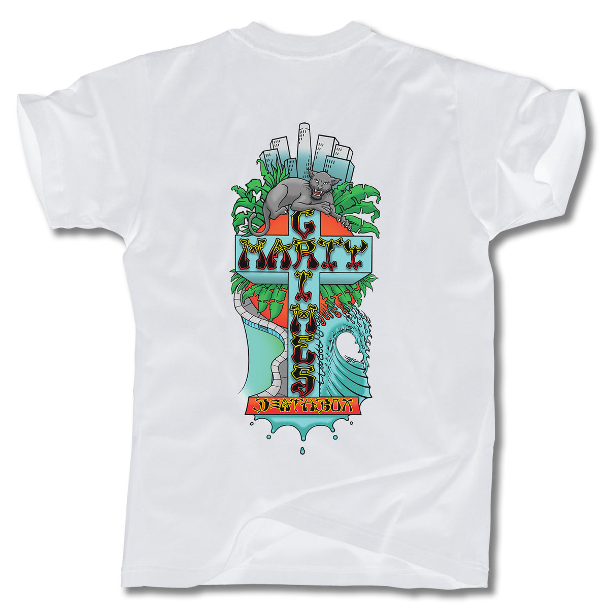 The Minuteman MARTY GRIMES PANTHER T-SHIRT is a white tee with a back graphic—“HAVE A NICE DECAY” in a cross, city buildings, rat, plants, wave, and DogTown-inspired street style.