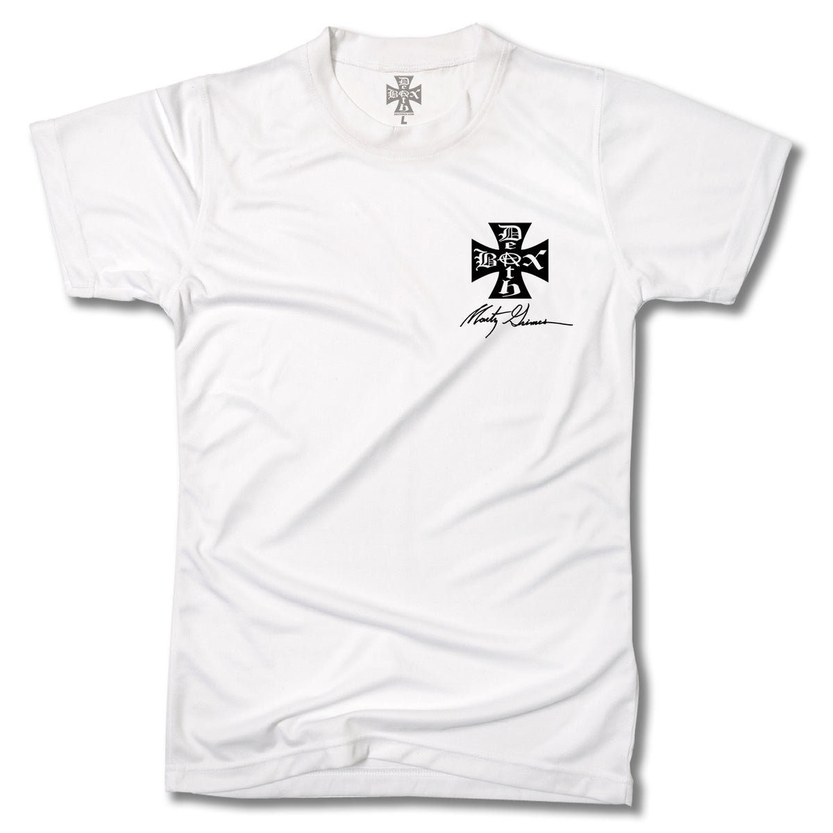 The Minuteman MARTY GRIMES PANTHER T-SHIRT is a plain white tee with a black Iron Cross and stylized DogTown text on the left chest, signature below, and the emblem printed inside the collar.