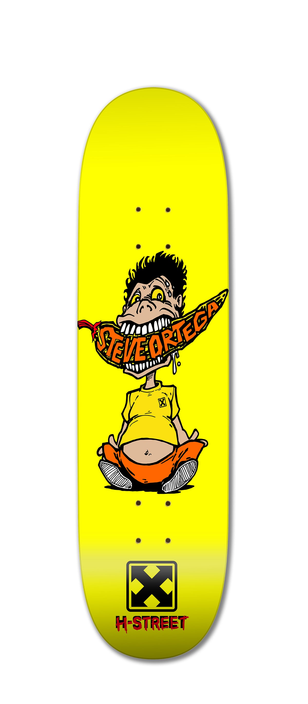 The STEVE ORTEGA CHILI by Legend Skates is a yellow skateboard deck featuring a cartoon person cross-legged, eating a hot dog labeled “Steve Ortega,” with the H-Street logo at the bottom—a unique re-issue.