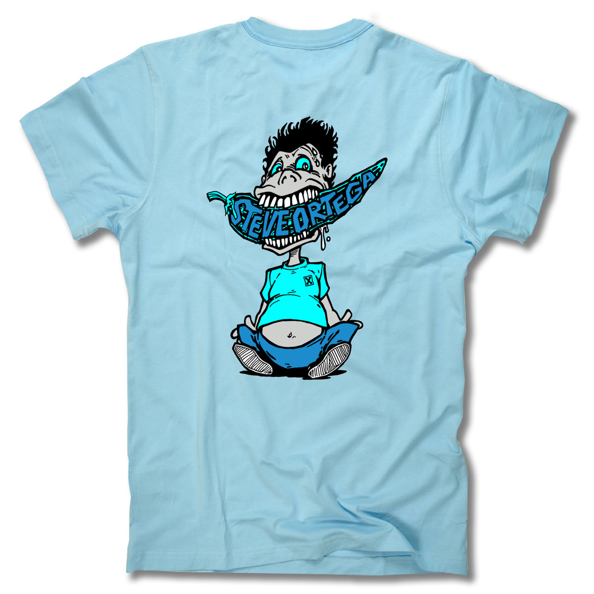 The Minuteman STEVE ORTEGA CHILI TEE features a cartoon of a wide-eyed character cross-legged, holding a giant chili labeled SEVERO REYES, adding a fun Steve Ortega Chili graphic vibe. Made in the USA.