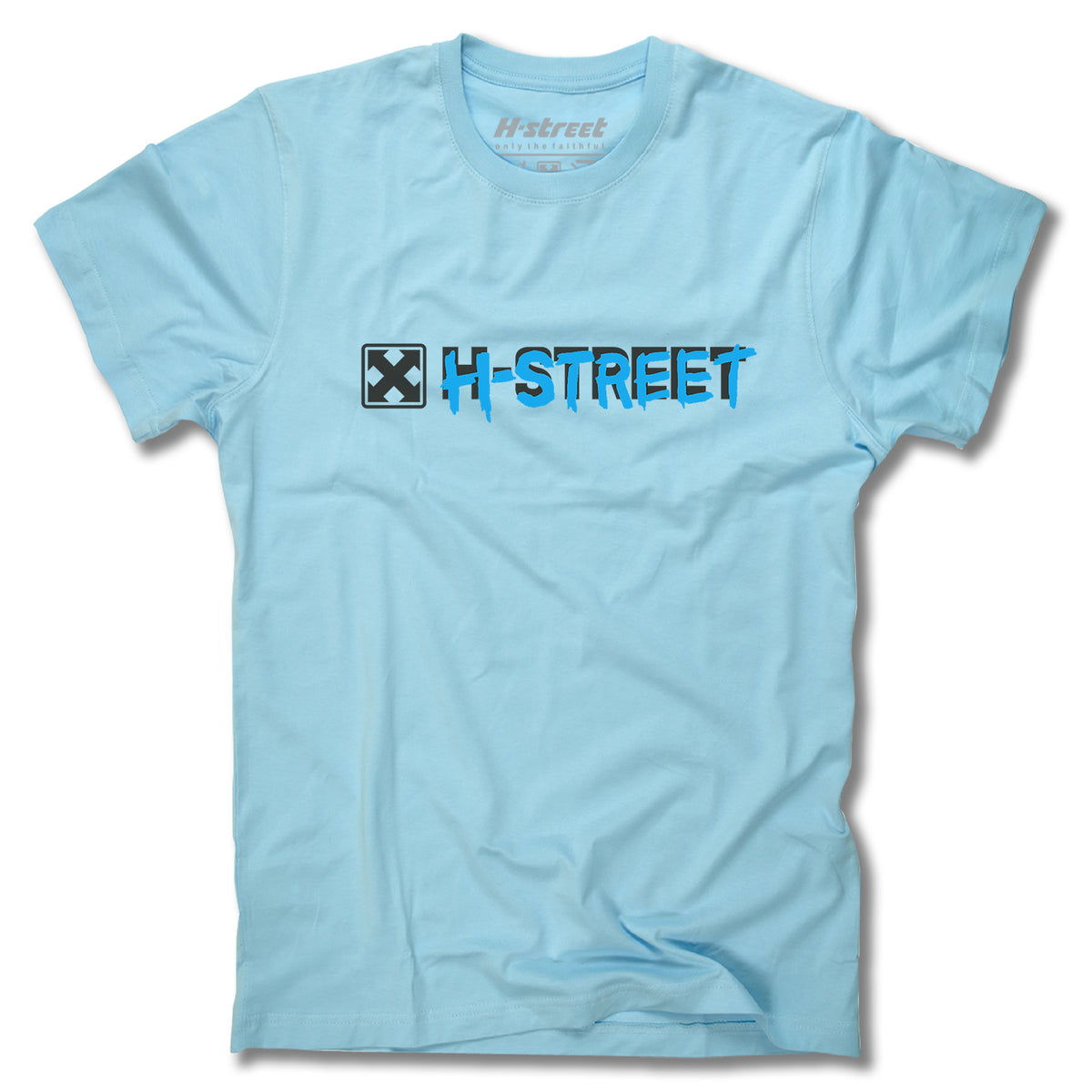 The Minuteman STEVE ORTEGA CHILI TEE is a light blue shirt featuring a black and blue H-STREET logo with an X symbol inside a black square on the front center, made in the USA.