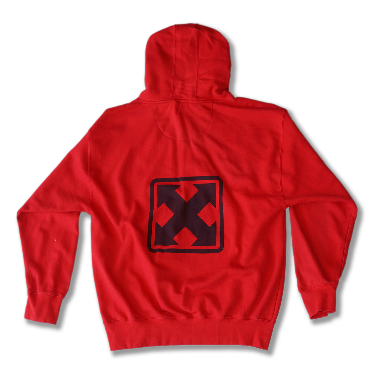 The OG MARK LOGO </p> PULLOVER HOODIE by MH Printing is a red heavy duty fleece hoodie featuring a large black and red geometric X design inside a square on the back, shown on a white background.