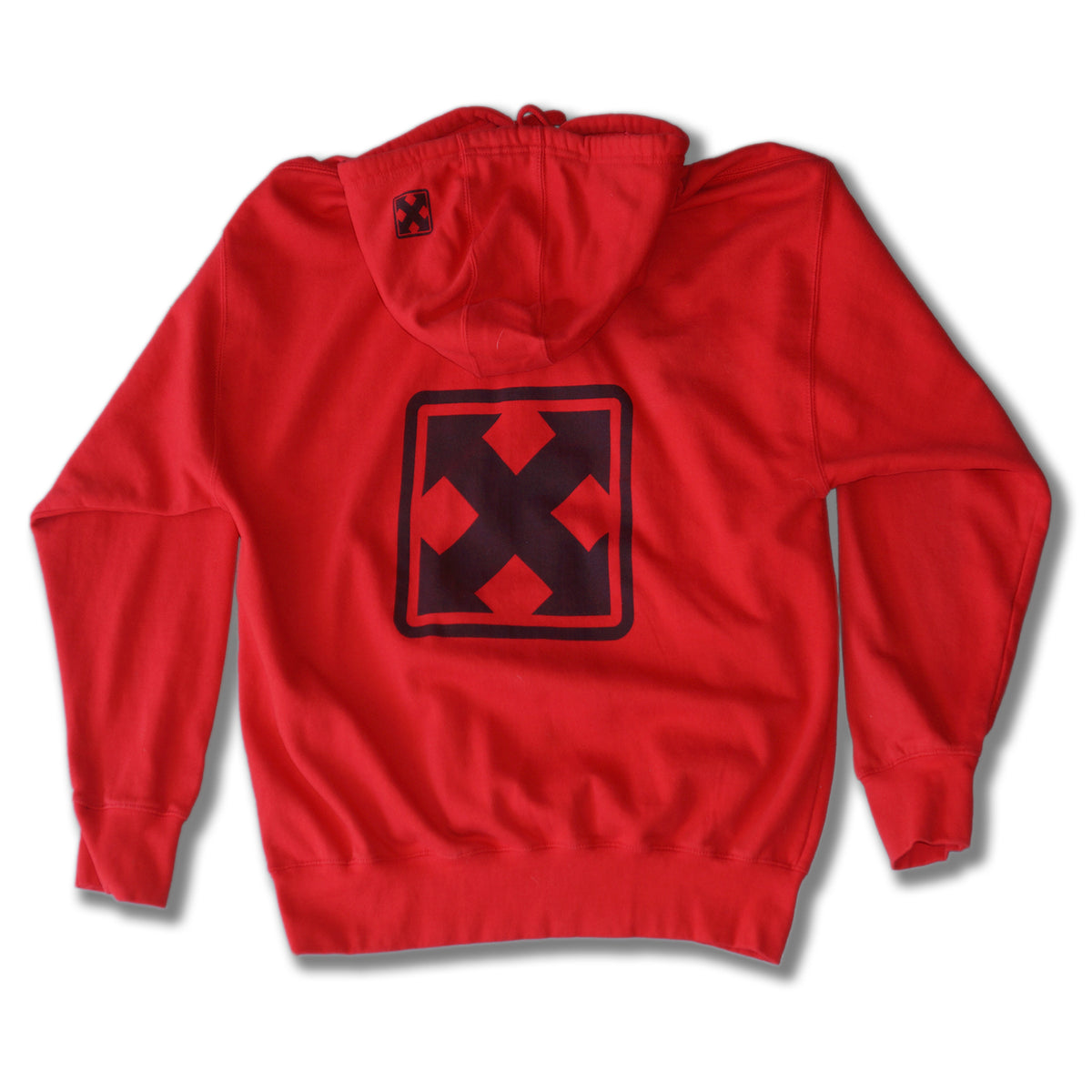 The OG MARK LOGO Pullover Hoodie by MH Printing is a red heavy-duty fleece with a bold black square and X design on the back and a smaller matching symbol on the hood, shown on a white background.