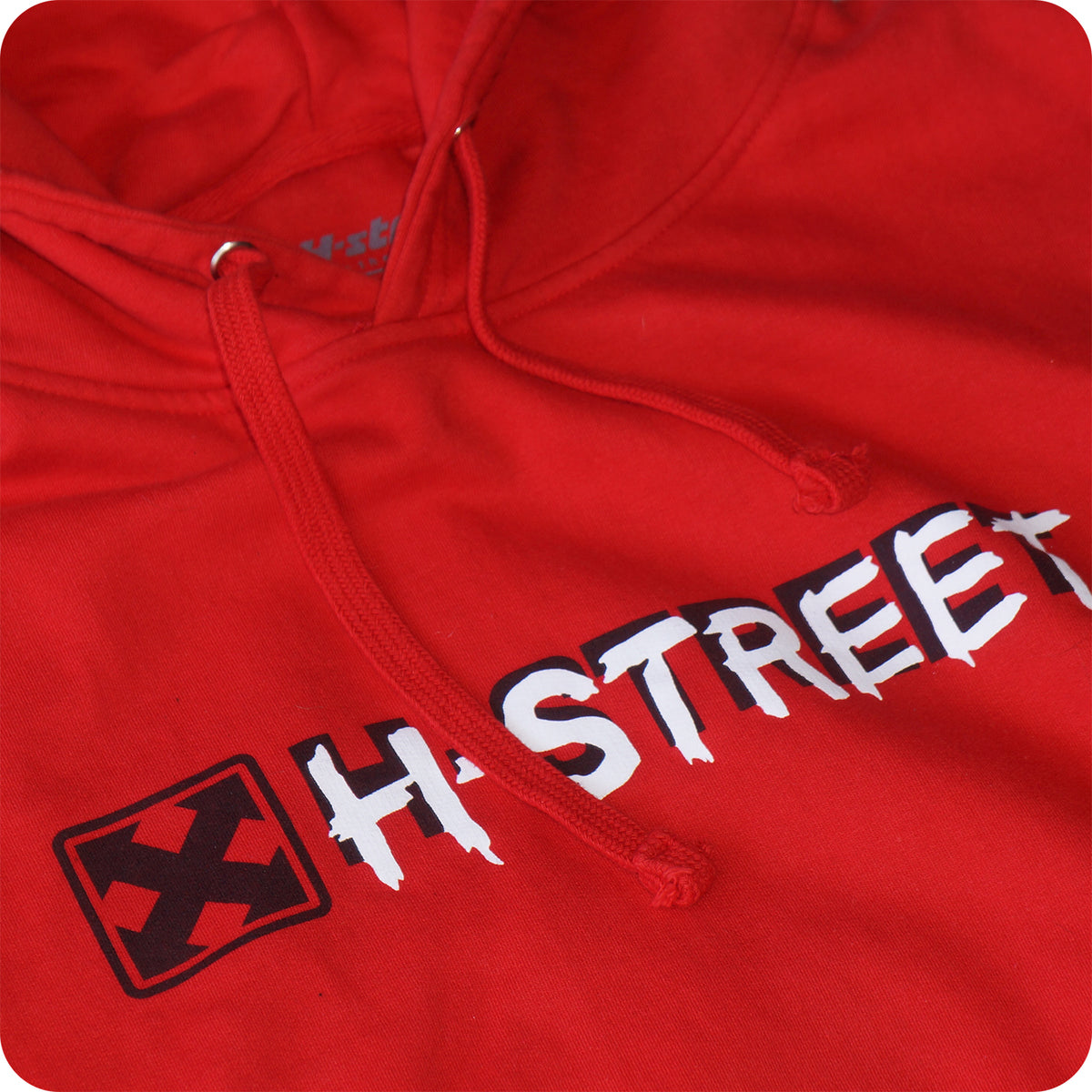 The OG MARK LOGO Pullover Hoodie by MH Printing is a red, heavy-duty fleece with a white and black logo and a square icon featuring a black X on red. It has a drawstring hood, perfect for cooler days.