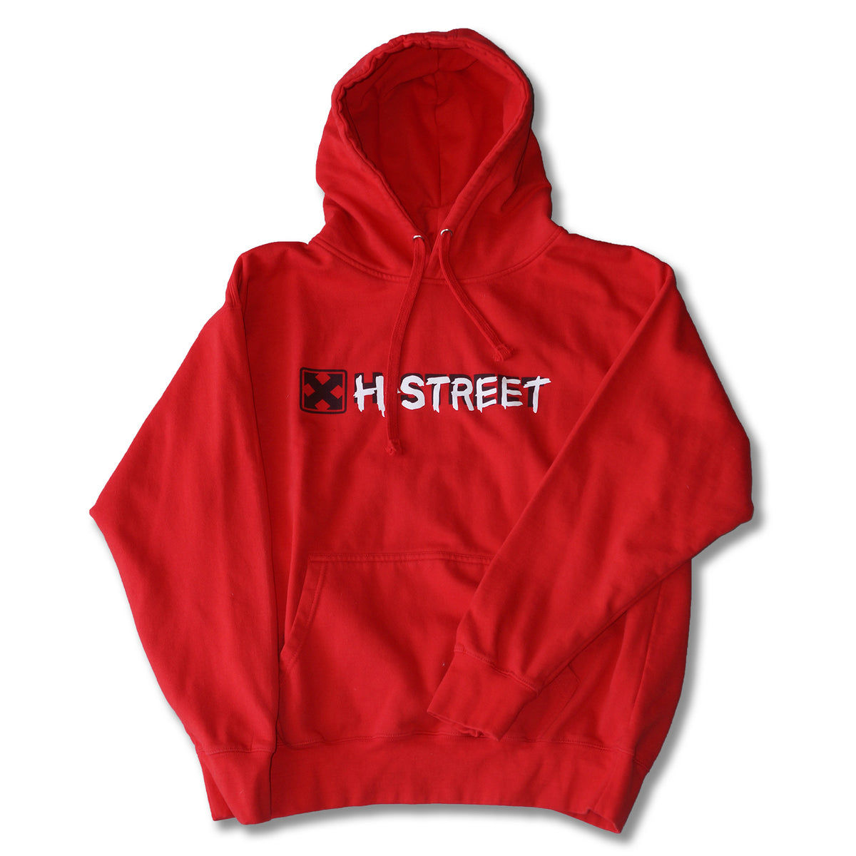 The MH Printing OG MARK LOGO Pullover Hoodie is bright red, made of heavy-duty fleece, and features a front pocket, drawstrings, "HI STREET" text in white on the chest, plus a red and black square logo.