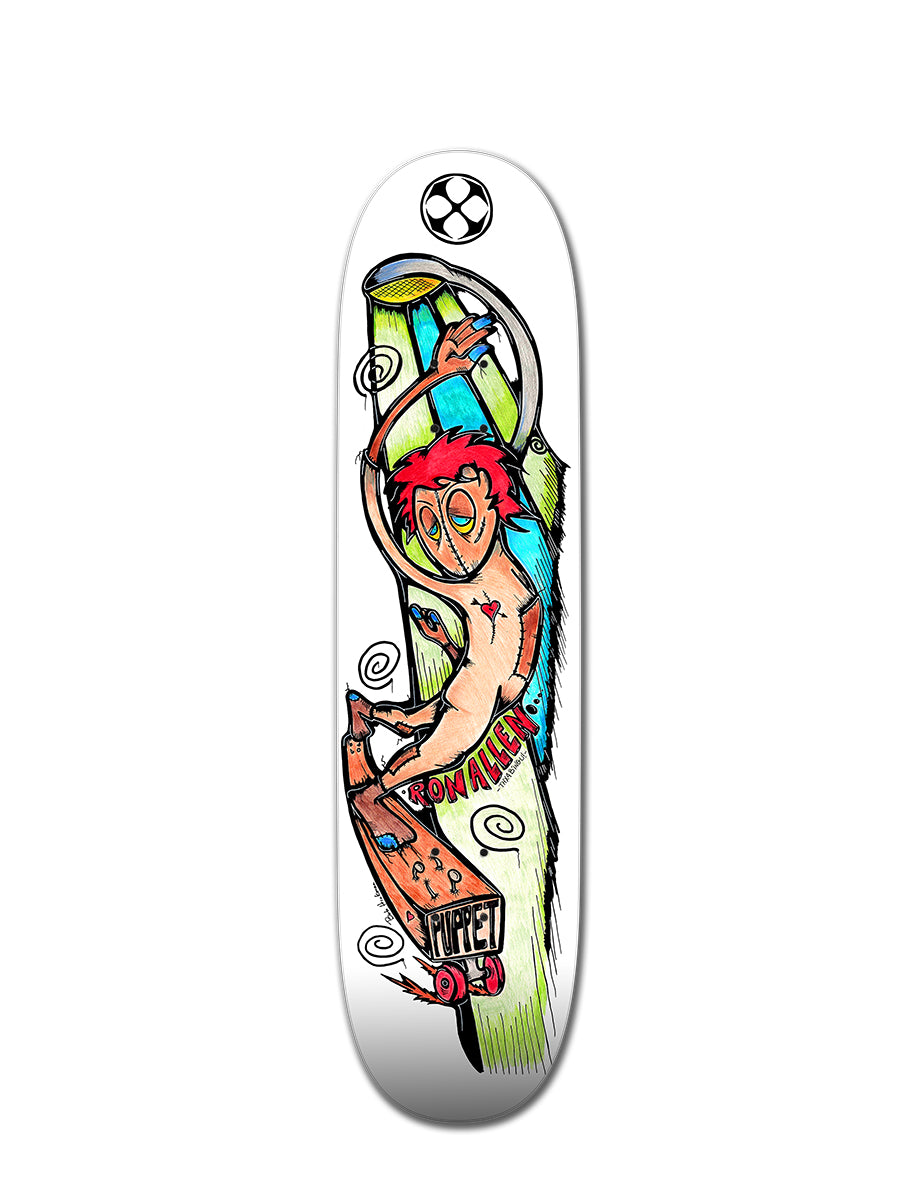 The Perfect Skateboarding RON ALLEN X HICKMAN 2X4 SECRET deck features a vibrant red-haired skater with headphones and a spray can, plus swirly lines and FROM ALLIES & PUPPET text for classic Puppet Skates style.