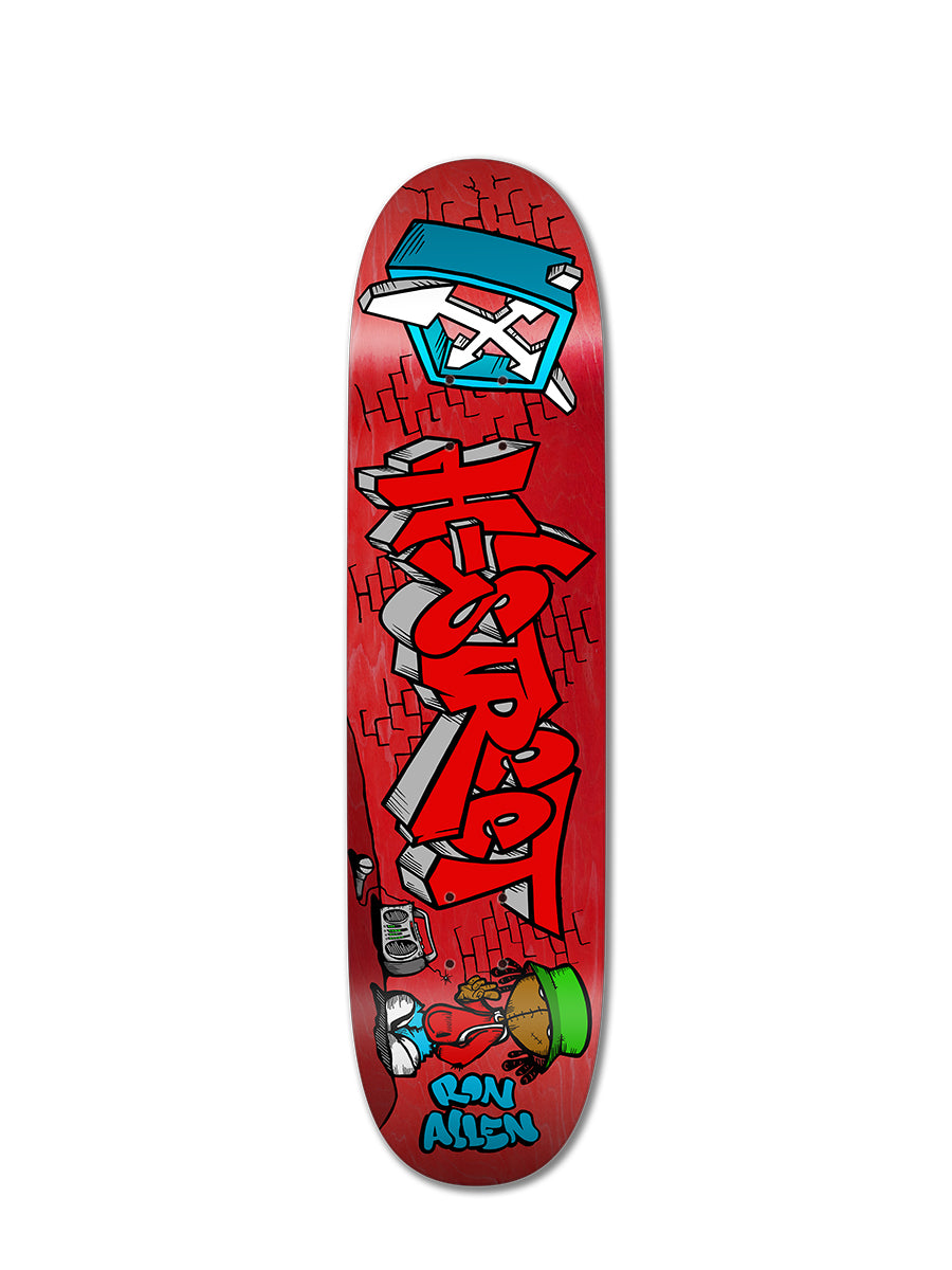 The Perfect Skateboarding RON ALLEN GRAFFITI PUPPET deck features bold graffiti-style HUF lettering, a cartoon character, and Ron Allen’s name—part of the iconic Shackle Me Not series.