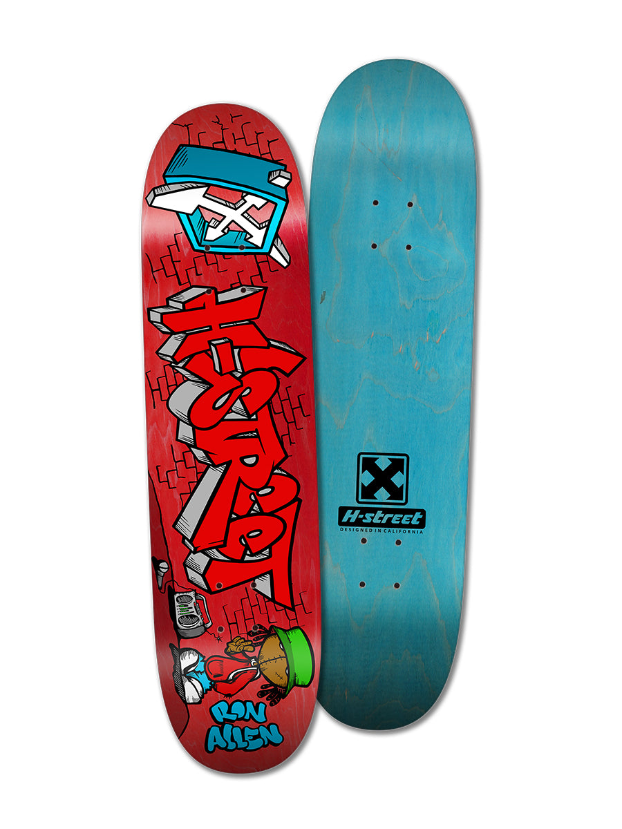 Two Perfect Skateboarding RON ALLEN GRAFFITI PUPPET decks: one features Ron Allen’s name, a cartoon character, and red graffiti on a brick wall; the other is plain blue with the Puppet Skates H-Street logo centered.