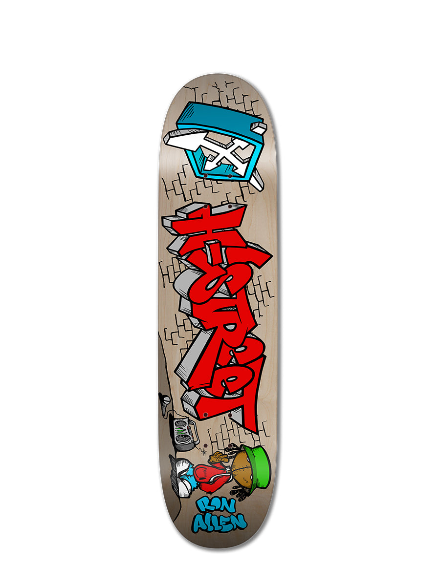 The Perfect Skateboarding RON ALLEN GRAFFITI PUPPET deck features graffiti-style red lettering, cartoon hands with spray cans on top, and a small character in a green hat—part of the H-Street Guest Art series.