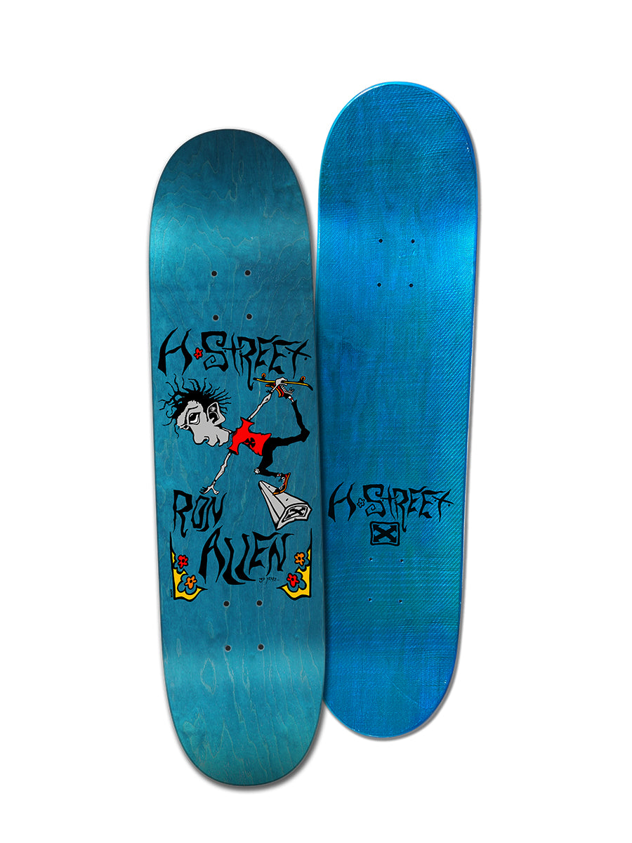 Two blue Legend Skates RON ALLEN KLINDT ART SPECIAL STREET EDITION decks are shown: one with Jeff Klindt’s artwork, H-Street, and Ron Allen graphics; the other with only the H-Street logo on glossy blue wood grain.