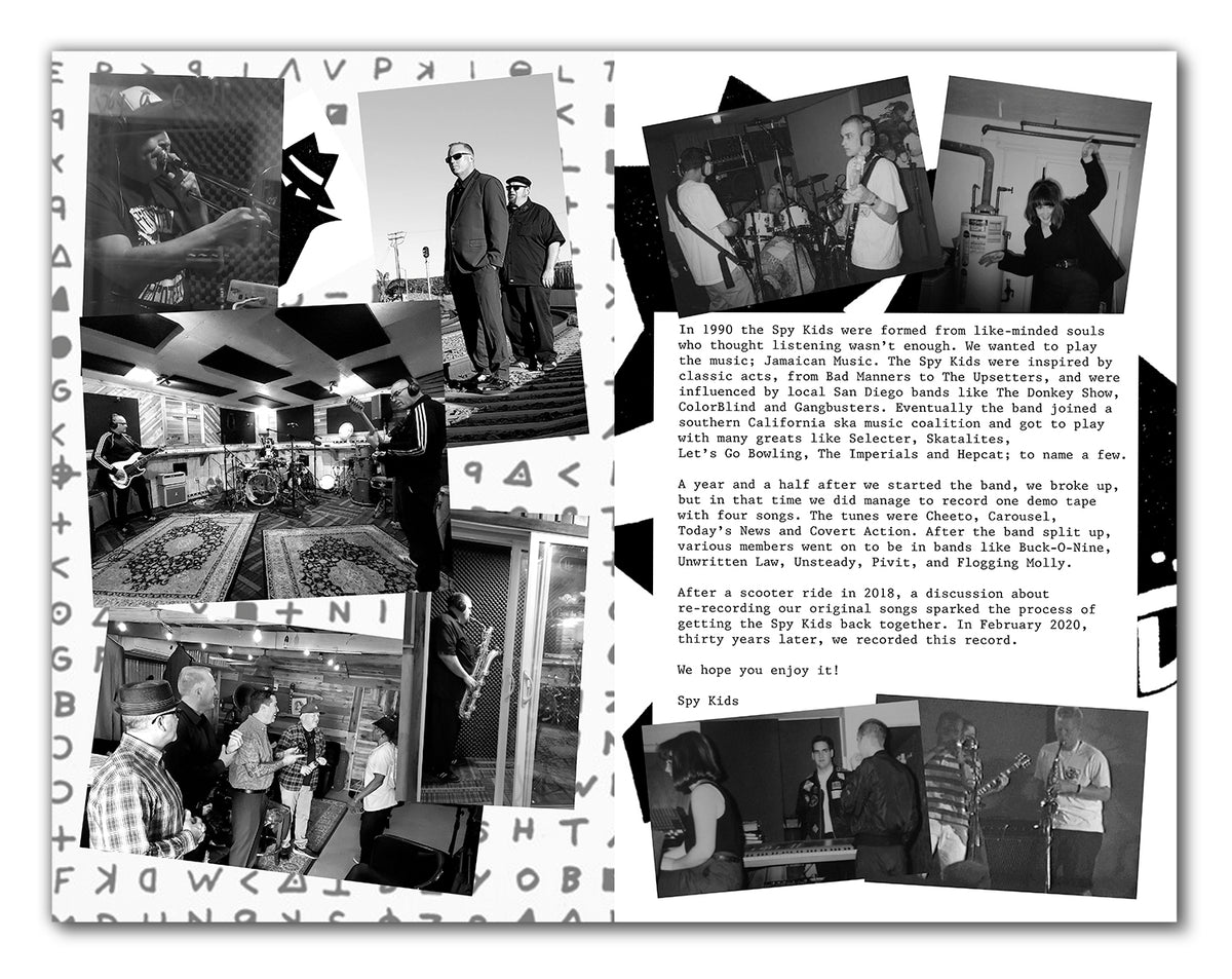 A collage of black-and-white photos captures SPY KIDS COVERT ACTION by Matt Hensley practicing and recording, with text on the side highlighting their journey and “American Music,” plus abstract patterns inspired by Jamaican music.
