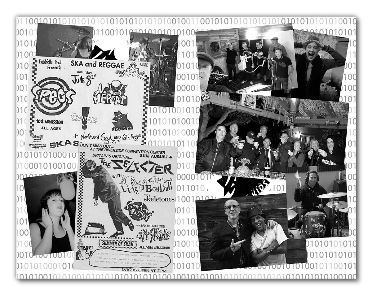 A collage of black-and-white photos of bands, musicians, and vintage Jamaican concert posters overlays binary code—featuring iconic acts like Matt Hensley's SPY KIDS COVERT ACTION.