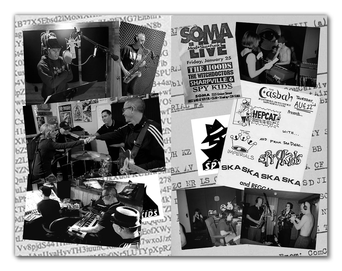 A collage of black-and-white photos displays musicians recording, performing, and band gear, plus flyers, SPY KIDS </p> COVERT ACTION vinyl covers, and logos—all reflecting Matt Hensley’s Jamaican ska/reggae theme with handwritten text and graphics.