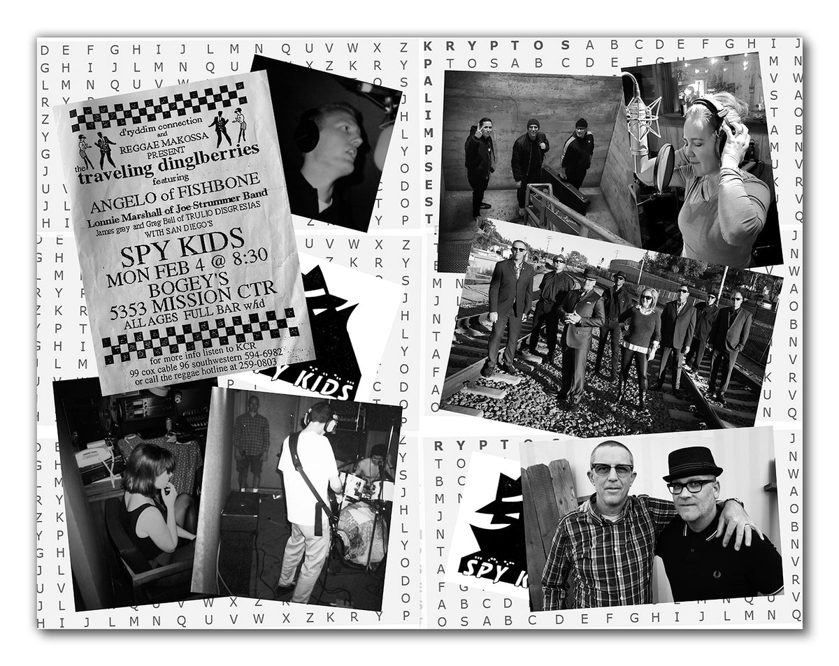 A collage of black-and-white photos displays musicians with a central flyer for Matt Hensley’s SPY KIDS </p> COVERT ACTION ska band concert on Feb 4 at Bogey’s Club, set against a backdrop of scattered letters.