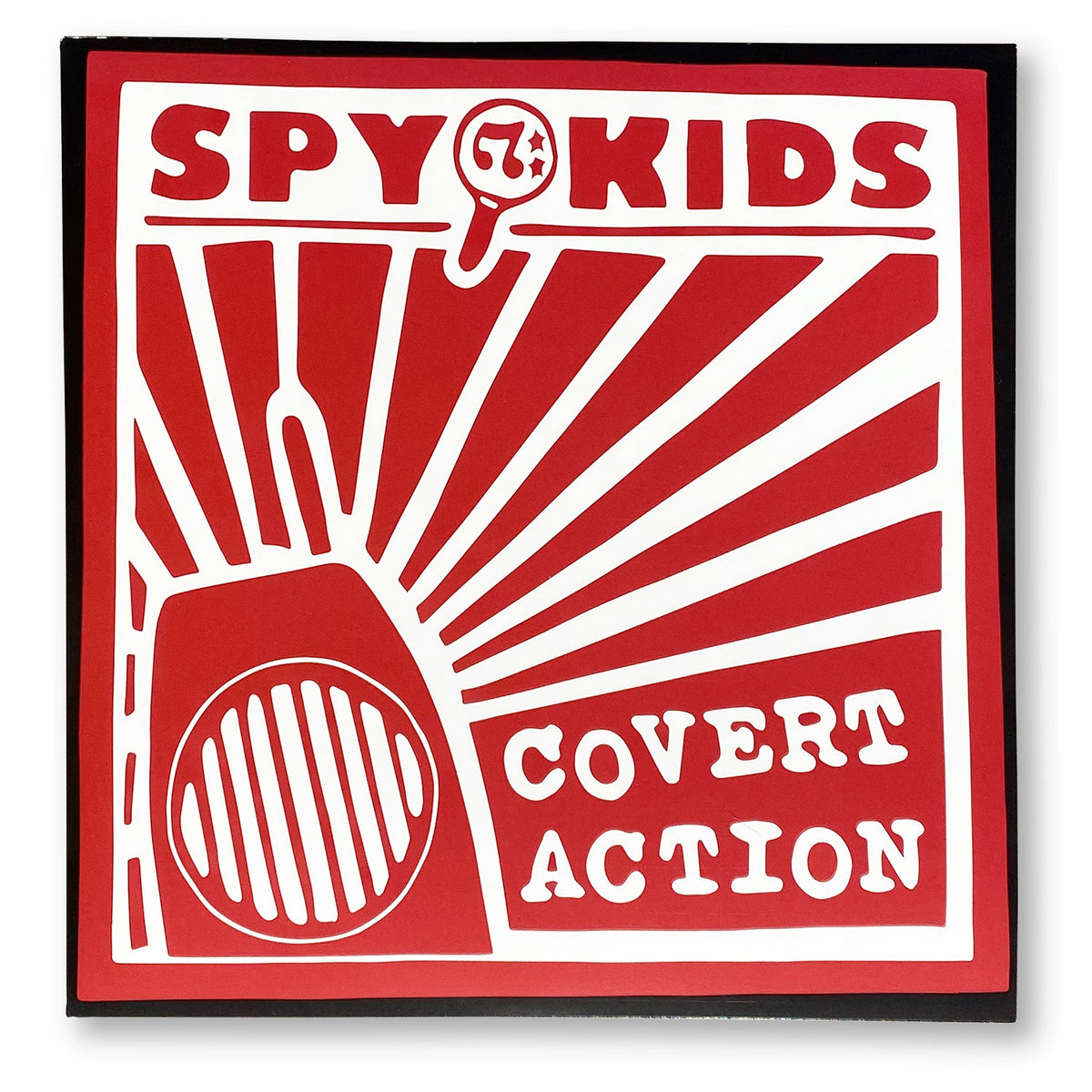 Record cover art for Spy Kids album Covert Action featuring a red and white design with the band's name and album title.