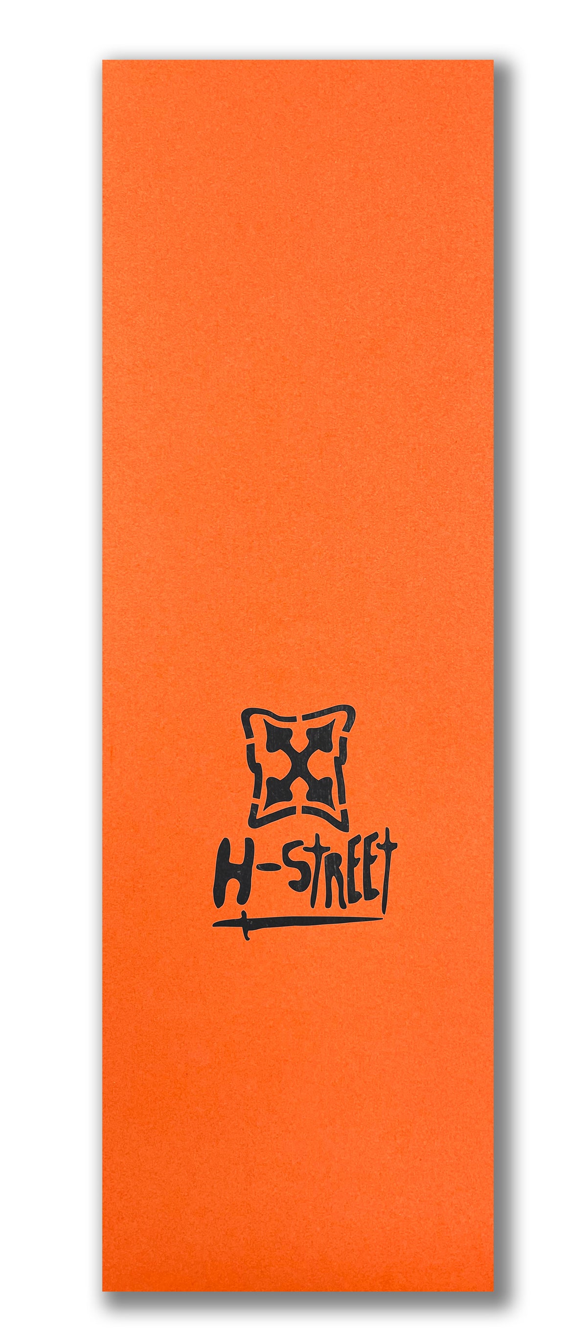 The Syndrome ALPHA GIRL LOGO DIECUT GRIPTAPE is bright orange with a black abstract geometric spray paint stencil design and the H-Street Logo handwritten in black below.