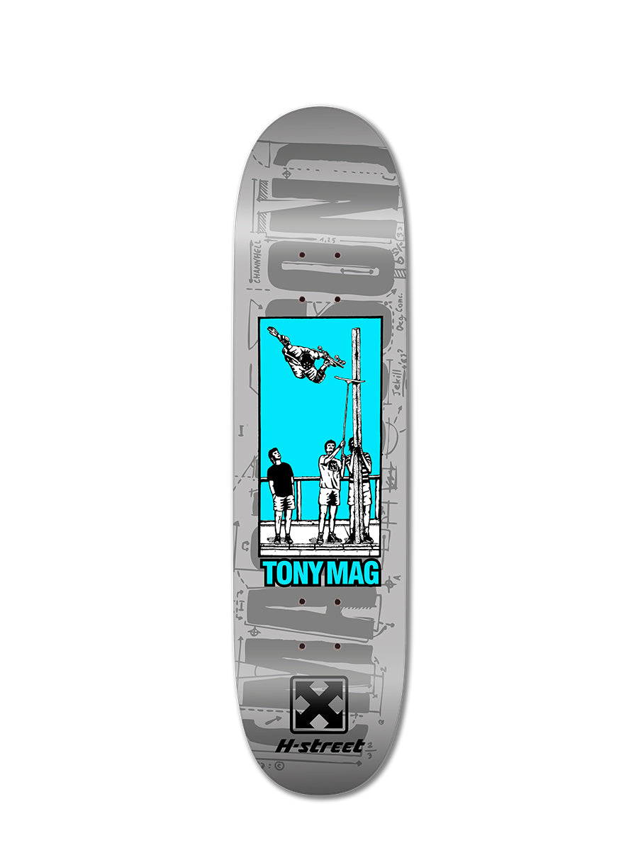 The TONY MAGNUSSON CEDAR CREST AIR by Perfect Skateboarding is a grey maple wood deck with blue and black skateboarder graphics, bold blue “TONY MAG” lettering, and the H-Street logo at the bottom.