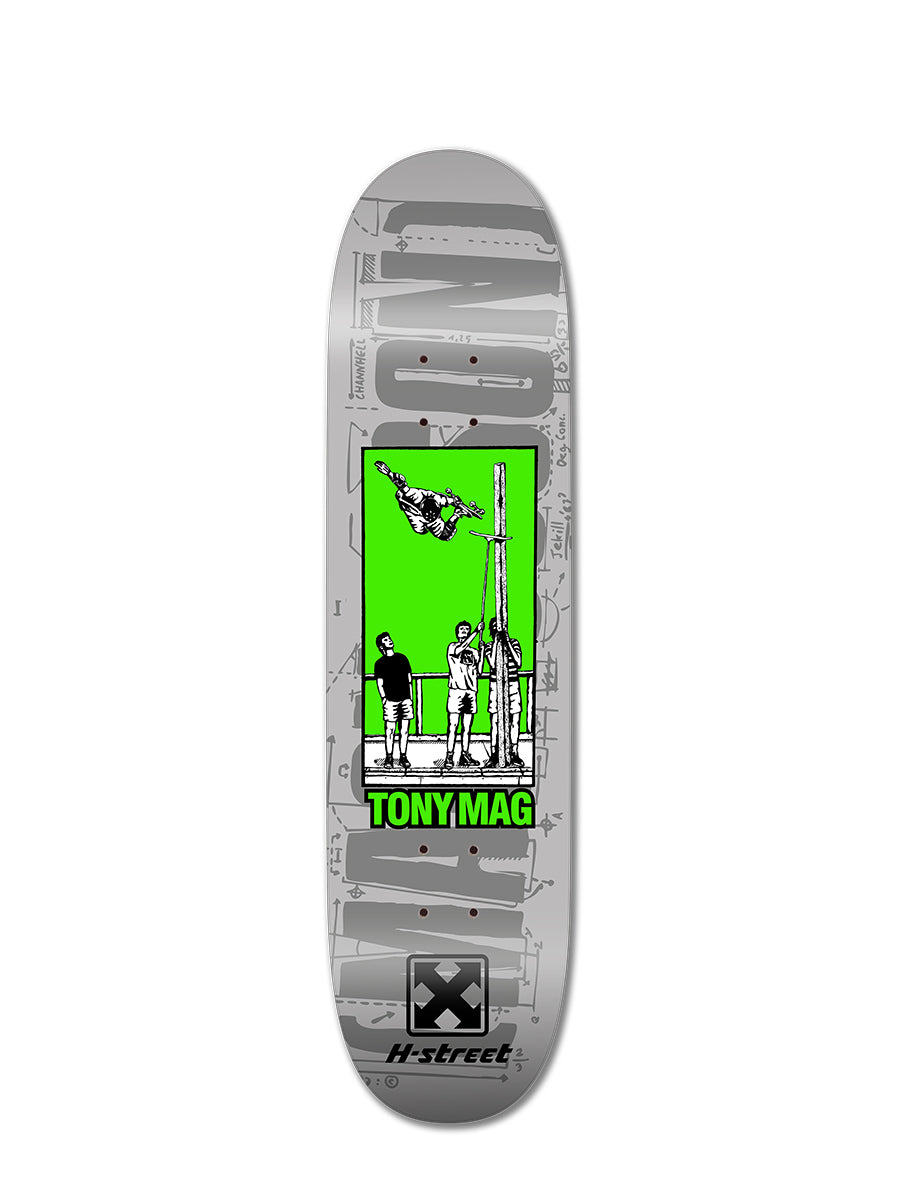 A gray maple skateboard deck by Perfect Skateboarding features a neon green section with a skater above spectators, bold yellow-green TONY MAGNUSSON CEDAR CREST AIR text, H-STREET at the bottom, and a black and white X logo.