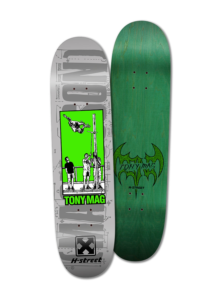Two skateboard decks: one is Perfect Skateboarding’s TONY MAGNUSSON CEDAR CREST AIR with a silver and green Tony Mag graphic; the other is a plain green maple deck featuring a black bat logo.
