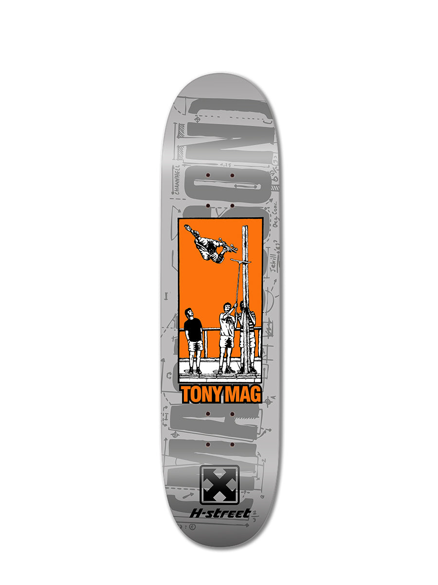 The Perfect Skateboarding TONY MAGNUSSON CEDAR CREST AIR deck features gray technical drawings, an orange rectangle with a skateboarder above two people, bold black TONY MAG text at the bottom, the H-Street logo, and is made from maple wood.