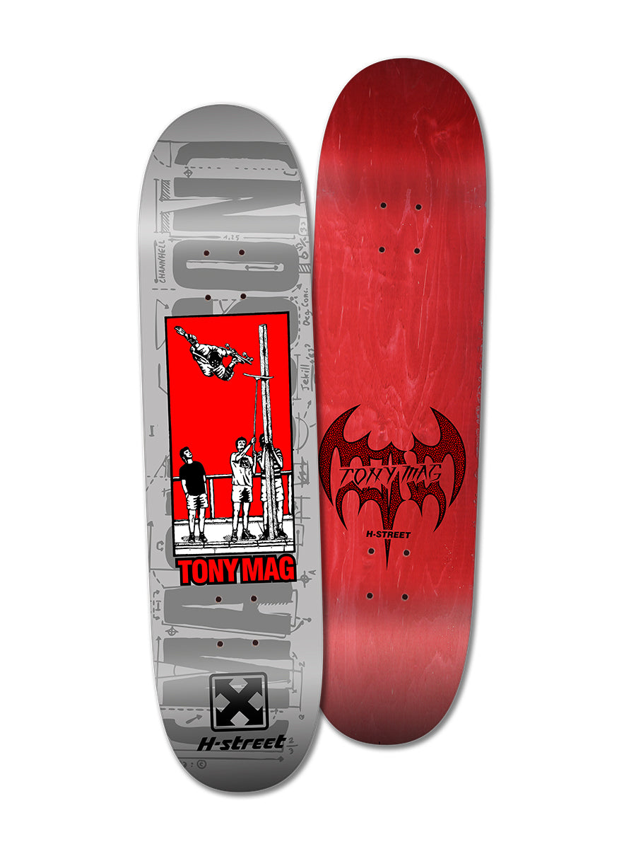 Two skateboard decks: a gray TONY MAGNUSSON CEDAR CREST AIR by Perfect Skateboarding, featuring a red mid-air skater graphic; and a solid red H-Street deck with a black bat logo and H-STREET text.