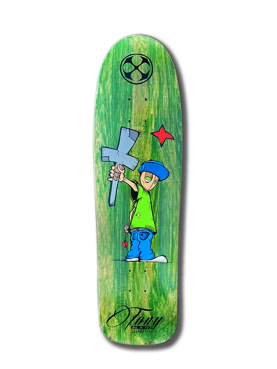 The TONY MAG X HICKMAN KID'N'CROSS by Legend Skates features cartoon art of a smiling person in a green shirt and blue hat holding a gray cross, with a red star and black Puppet Skates logos at the top and bottom.