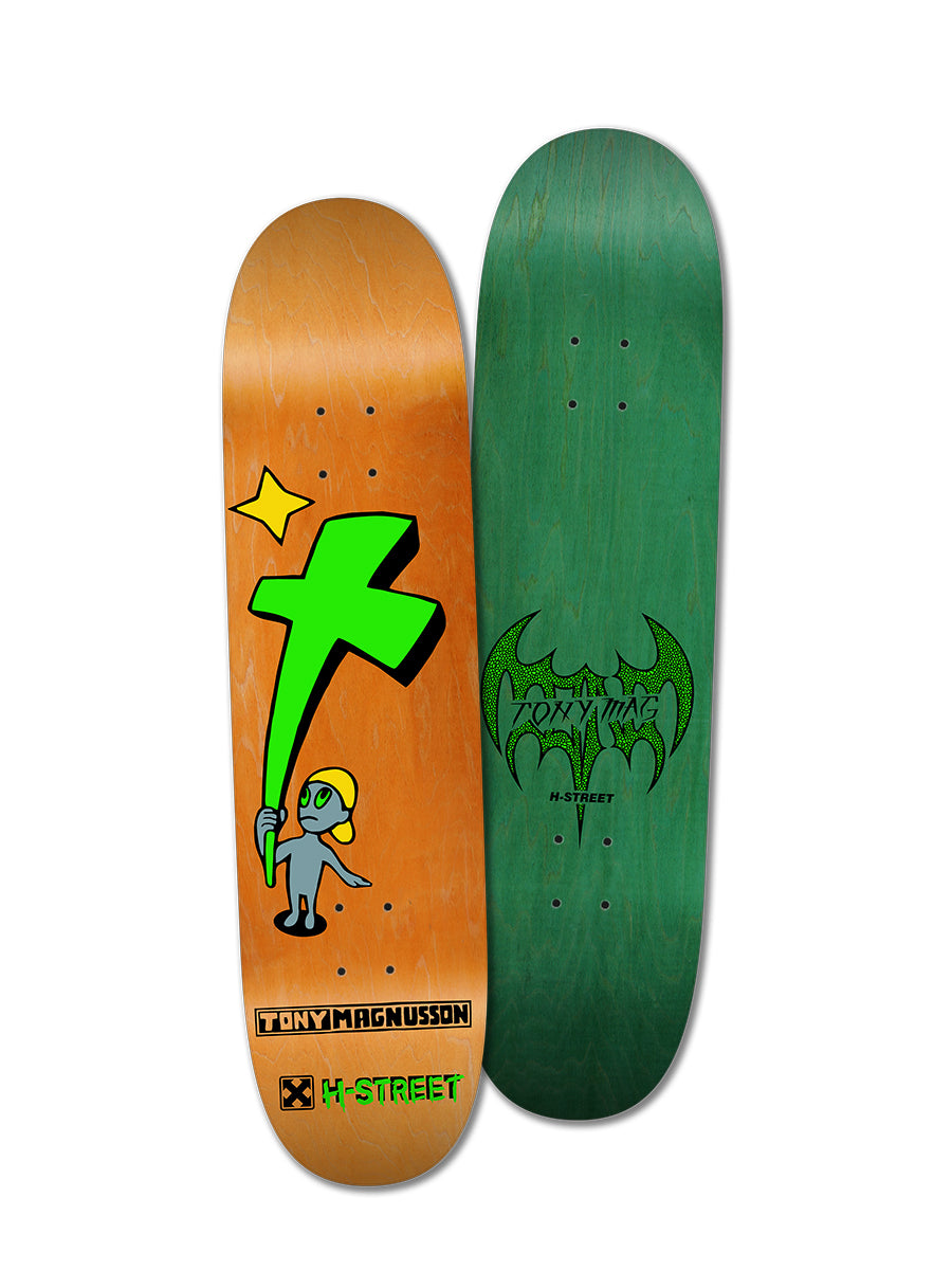 On the left: Perfect Skateboarding's TONY MAG KID'N'CROSS deck in orange with a cartoon figure, green cross, and yellow star. On the right: a green deck featuring a black bat-like logo.