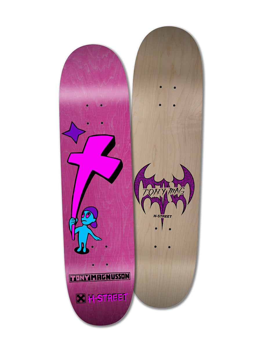 The Perfect Skateboarding TONY MAG KID'N'CROSS deck has a bright pink background with a blue cartoon and cross; the other H-Street board features Canadian Hardrock Maple, a purple bat logo, and Tony Mag H-Street text.