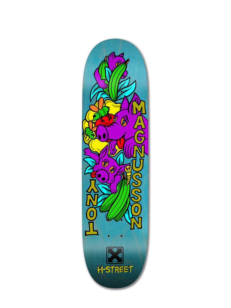 The Woodchuck T-MAG LOVE PIGGIES is a limited edition skateboard deck with colorful cartoon pigs, bananas, and leaves on blue, featuring bold “TONY MAGNUSSON” and “H-STREET” lettering—a tribute to the classic Love Piggies mini pro model.