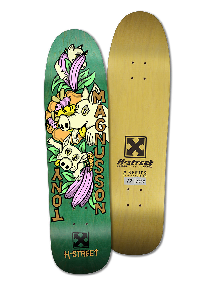 Two skateboard decks: one is the Woodchuck T-MAG LOVE PIGGIES mini pro model with cartoon pigs, pink flowers, bananas, and TONY MAGNUSSON text; the other a limited edition plain wood H-STREET logo deck marked SERIES 17/100.