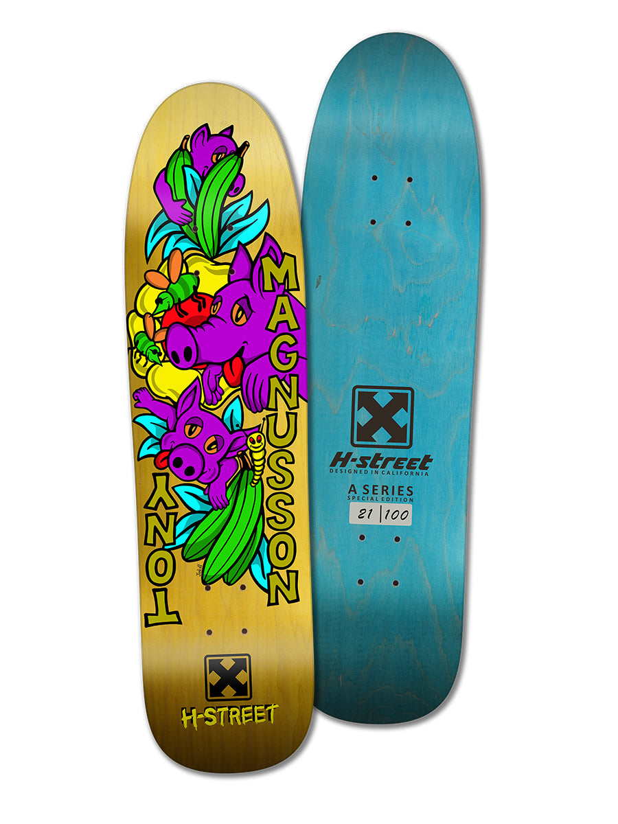 Two skateboard decks: a Woodchuck T-MAG LOVE PIGGIES mini pro model with cartoon pigs and bananas, and a limited edition plain teal deck with H-Street logo, numbered 21 of 100.