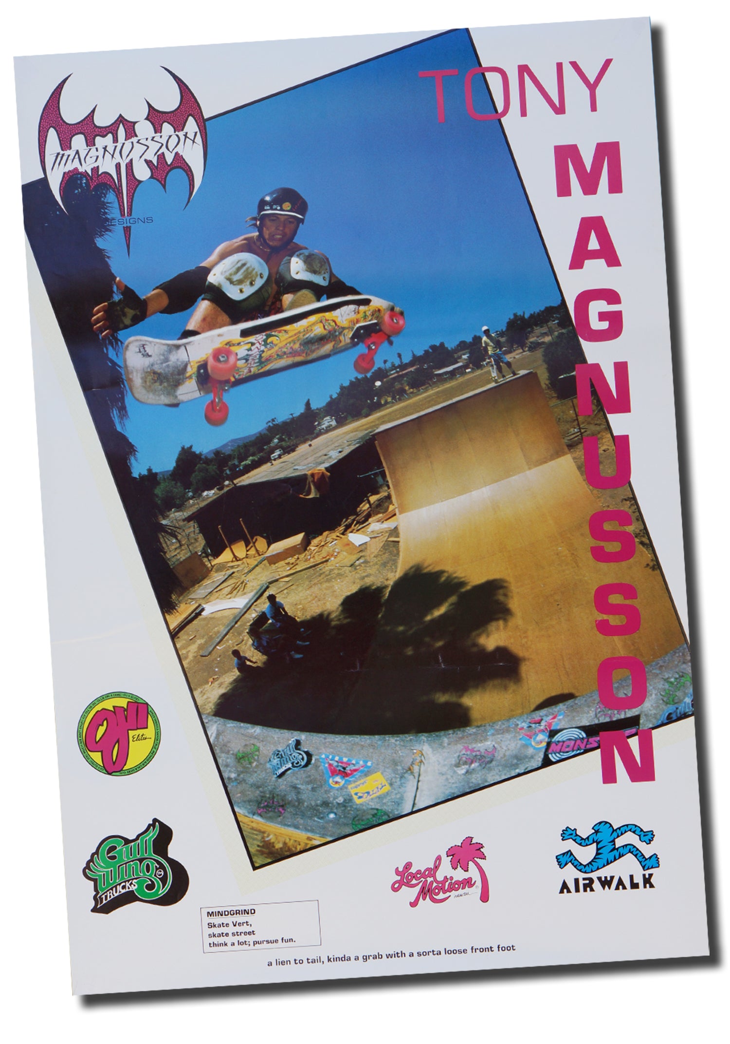 A skateboarder catches big air on a wooden halfpipe beneath blue skies in this vintage 80s TONY MAGNUSSON POSTER by China Factory, featuring bold text and classic skate vibes—perfect for H-Street memorabilia collectors.