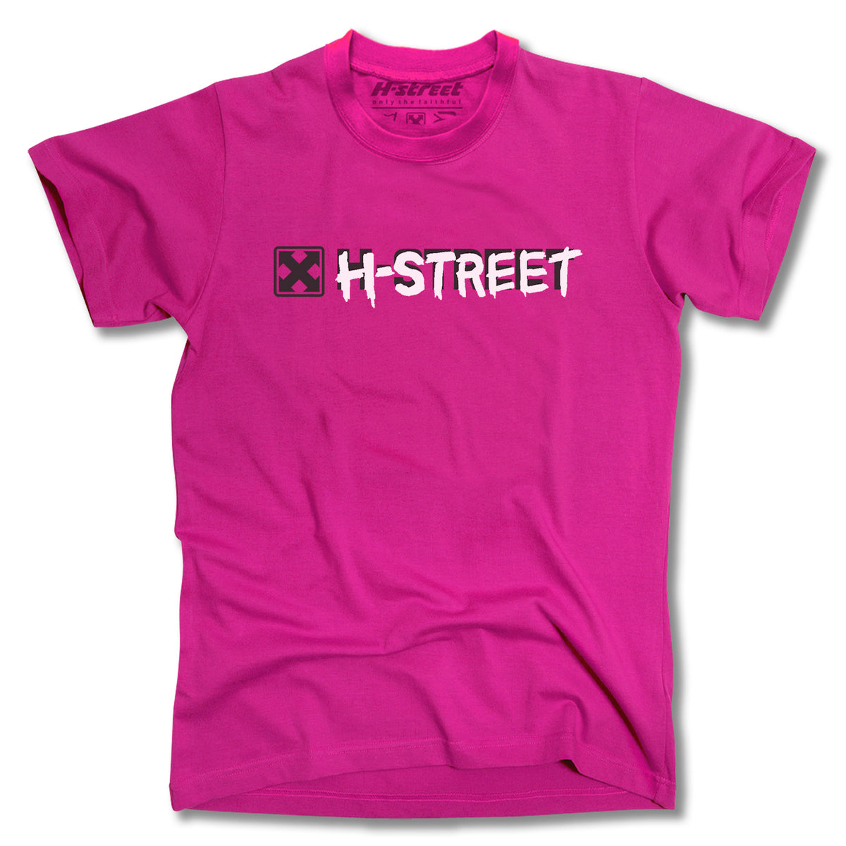 Bright pink TONY MAGNUSSON BAT LOGO TEE by Minuteman, made in the USA, features a black and white H-STREET logo with a black square and white X to the left of the text, displayed on a plain background.
