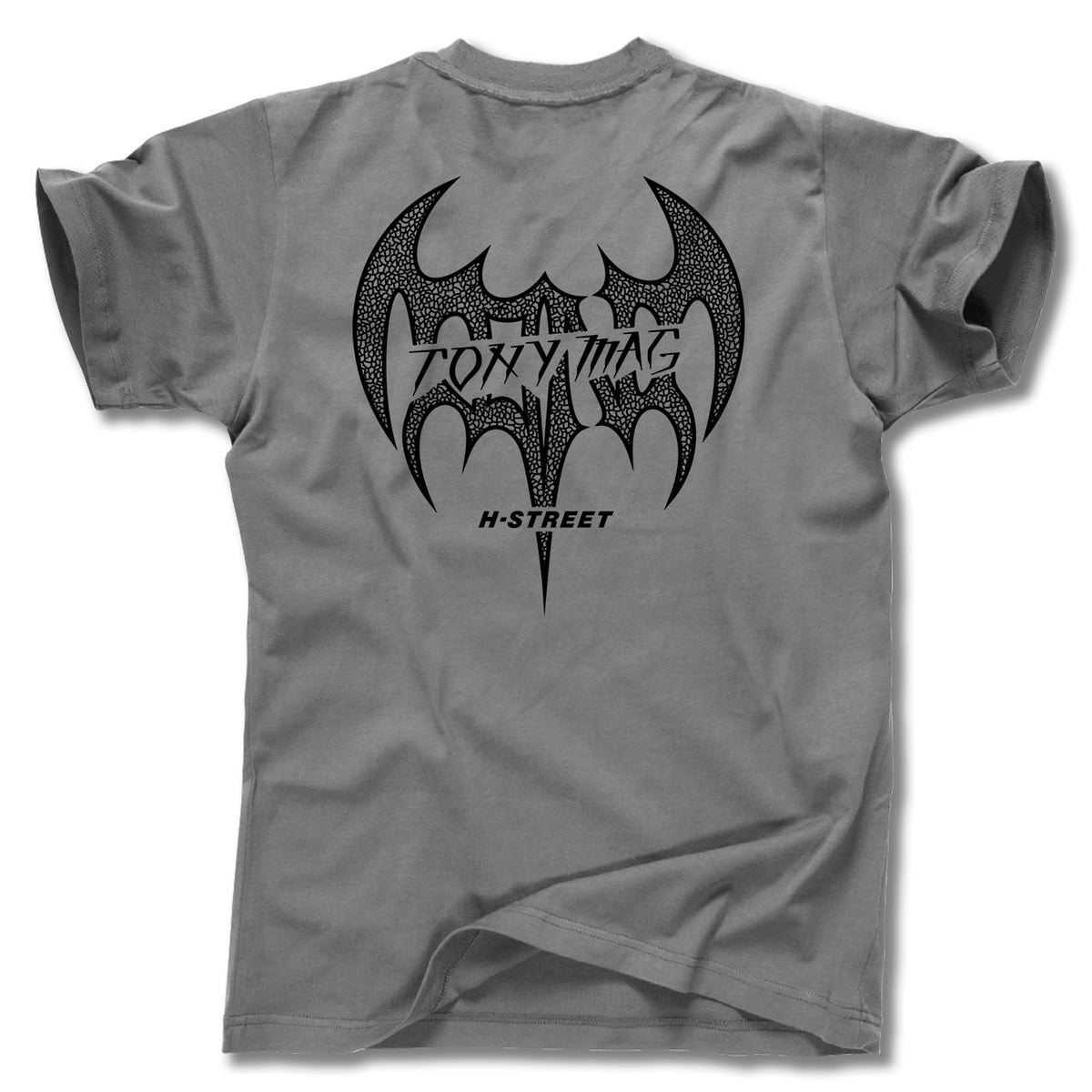 The Minuteman TONY MAGNUSSON BAT LOGO TEE is a gray shirt with a bold black bat graphic on the back and "TOXIC WASTE" text above "H-STREET" inside, inspired by the classic Tony Mag tee. Made in the USA.