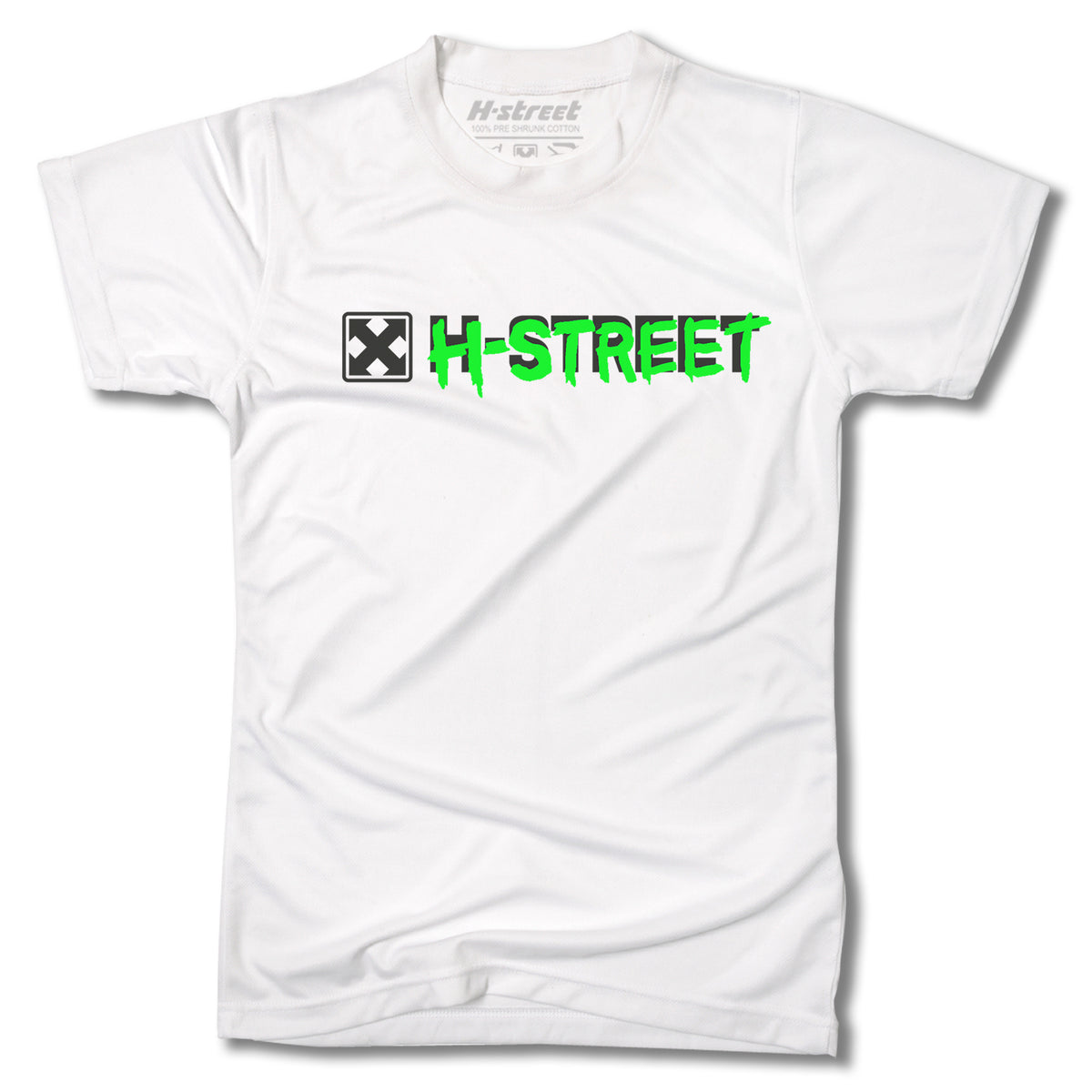 A white Minuteman TONY MAGNUSSON BAT LOGO TEE made in USA, with "H-STREET" in green graffiti lettering and a bold black and white X-shaped logo on the chest.