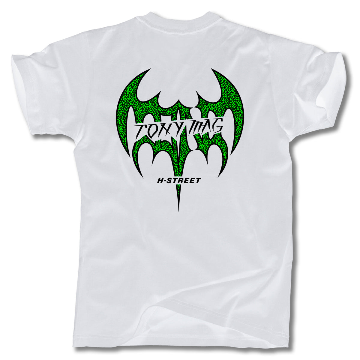 The Minuteman TONY MAGNUSSON BAT LOGO TEE is a white shirt with a large green and black bat logo, stylized TONY MAG lettering, and H-STREET below on the back. Classic design, made in the USA.