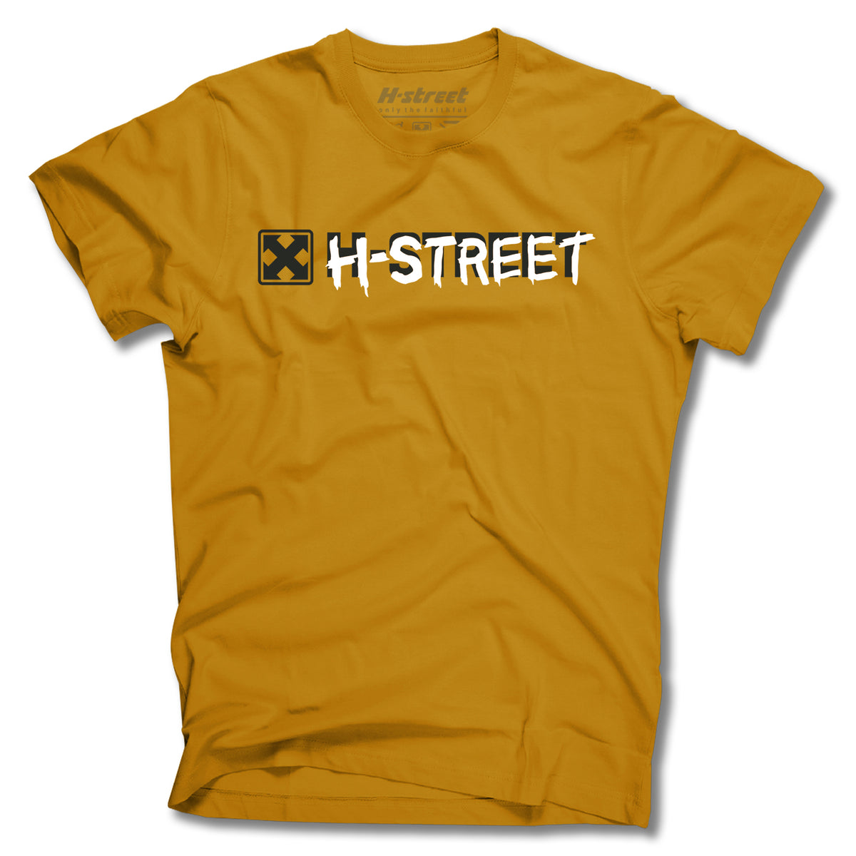 A mustard yellow Minuteman TONY MAGNUSSON BAT LOGO TEE, made in the USA, features bold white "H-STREET" lettering and a black square bat logo with an X to the left of the text on the chest.
