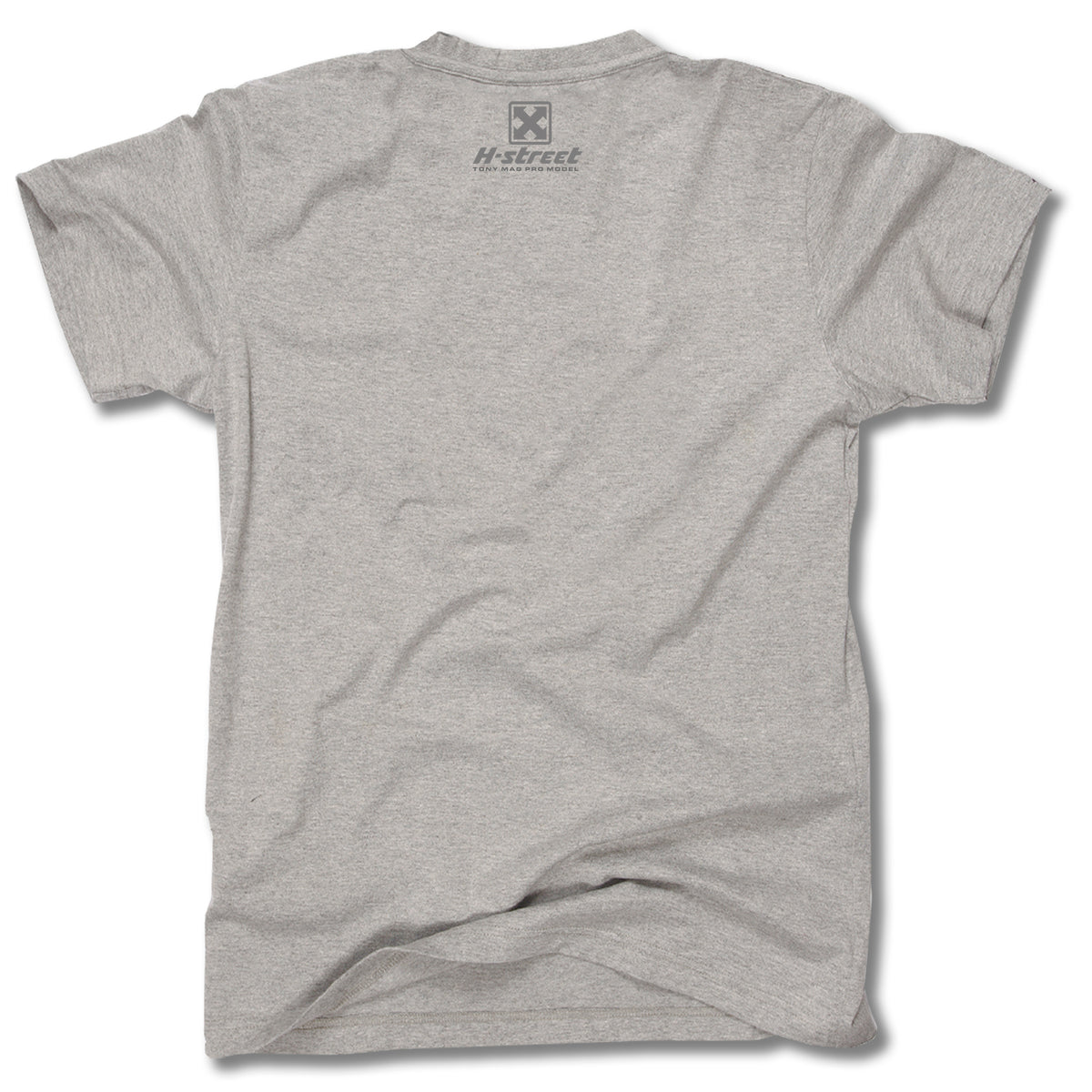 A plain light gray short-sleeve TONY MAG BORN FREE TEE by Minuteman is shown from the back, featuring a small H-Street logo and text near the neckline. The shirt is laid flat on a white background.