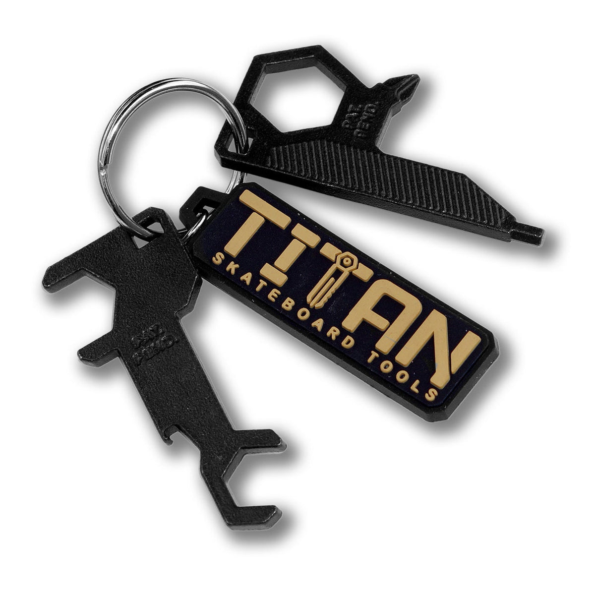 A black skate tool to help people assemble their board with a tag reading 'Titan Skateboard Tools'