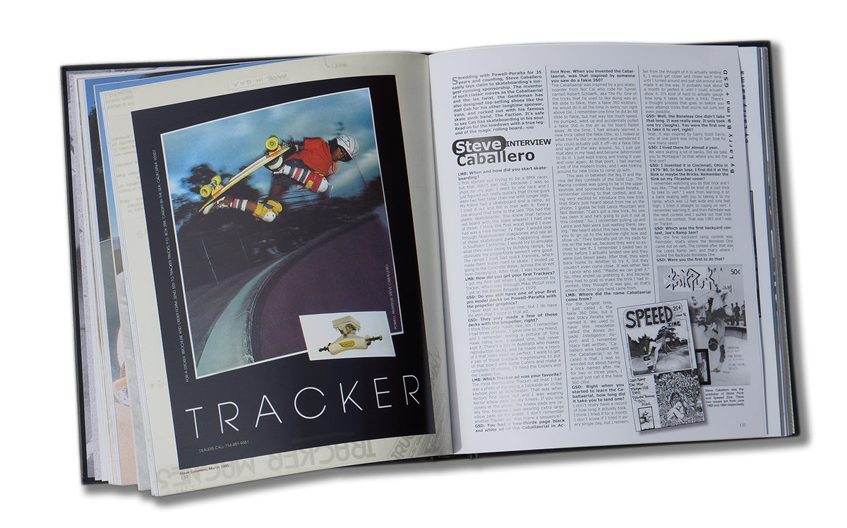 An open TRACKER TRUCKS 40TH ANNIVERSARY BOOK by TRACKER shows a skateboarder ad on the left and a black-and-white Steve Caballero interview on the right—ideal for any skateboarding book or history fan.