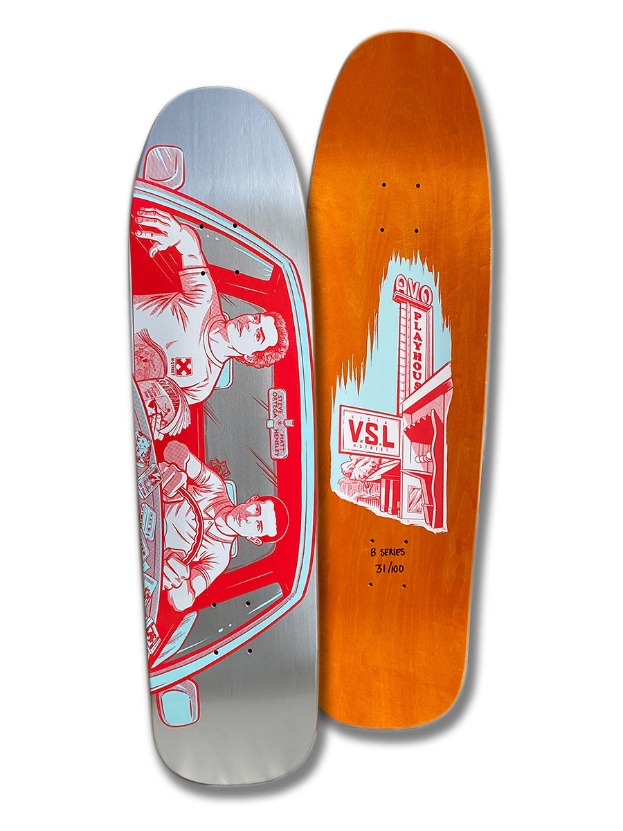 The Woodchuck HENSLEY X ORTEGA VISTA B SERIES includes two skateboard decks: one with a red and white car illustration, the other in orange with a convenience store graphic, OG Vista crew art, and handwritten "8 SEARS 31/100.